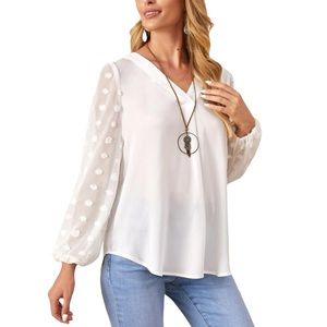 Swiss Dot White Long Sleeve Blouse - US12